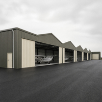 Complexe d'hangars aéronautiques Green Light avec plusieurs baies répétées, portes coulissantes, entrée latérale et accès par aile ouverte pavée