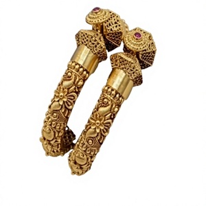 Classic 24K Gold Plated Brass Flower Pattern <b>Bangle</b> Bracelets <b>Set</b> with Moissanite Stone for Women Party & Wedding Gift Jewelry - Product Image 2