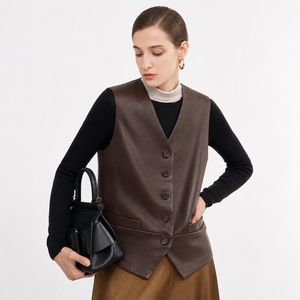 Gilet court décontracté vintage en cuir d'agneau non couché marron moka pour <span class=keywords><strong>femme</strong></span>, coupe-vent, col en V, en polyester - Product Image 4