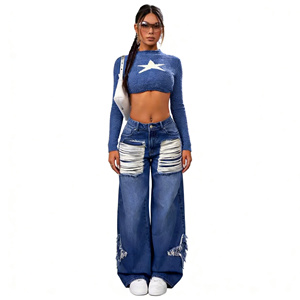 Jean décontracté bleu pour femme, collection automne-hiver 2026, avec patch étoile et ourlet à franges, <span class=keywords><strong>coupe</strong></span> droite ample - Product Image 5