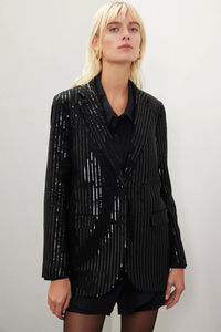 <span class=keywords><strong>Veste</strong></span> blazer pour femmes OEM personnalisé petit quantité minimale de commande revers cranté manches longues noir à sequins simple boutonnage sur mesure pour le travail d'affaires - Product Image 3