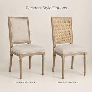 <span class=keywords><strong>Chaise</strong></span> de salle à manger vintage française, structure en bois de chêne patiné, assise en lin couleur avoine, dossier carré en rotin, pour restaurant et hôtel - Product Image 1