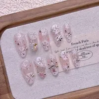 Faux ongles courts en acrylique faits à la main, style French manucure rose, à pression, couvrance totale, pour femmes