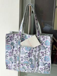 Large <b>Floral</b> Print Eco-Friendly Stylish Women's <b>Tote</b> <b>Bag</b> Blue Quilted Open Closure for Daily Shopping Travel-Made Indian Cotton - Product Image 4