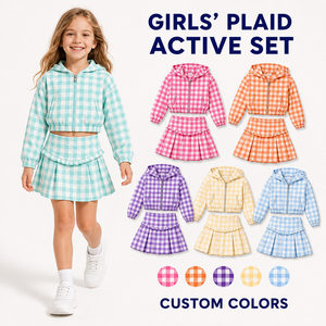 Completo Sportivo per Bambine con Felpa a Quadri e Gonna, Giacca con Zip in Tessuto Elasticizzato e Gonna Plissettata - Product Image 1