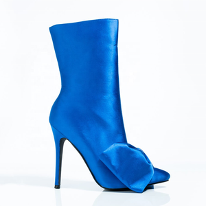Créative <span class=keywords><strong>bottes</strong></span> en Satin lisse à talon haut, grande taille 43, nœud papillon, <span class=keywords><strong>mi</strong></span>-<span class=keywords><strong>mollet</strong></span>, chaussures pour femmes, bout pointu, fermeture éclair sur le côté, mode courte - Product Image 4