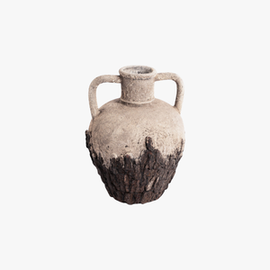 Este jarrón de cerámica Wabi Sabi hecho a mano en dos tonos, con un asa con textura de corteza y un diseño de ánfora de arcilla desgastada. - Product Image 1