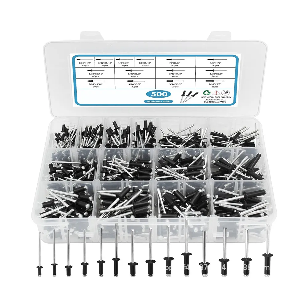 500pcs Black Aluminum Pop Rivets Enlarge Dome Head Rivets 5/32" 1/4" 3/16" Black Colored Blind Rivets