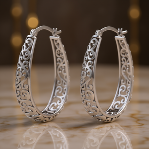 E3380 White Gold <b>Hoop</b> <b>Earrings</b> For Women With Filigree Design 18K Plated <b>Fine</b> Jewelry - Product Image 2