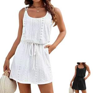 Vestido sin mangas de verano para mujer, de color liso, con cuello cuadrado, textura hueca y cordón ajustable, al por mayor - Product Image 1