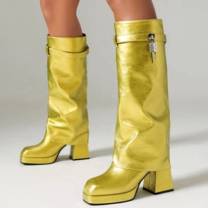 Bright Color Wide Fit Large Size 48 Women Square Toe Overlay Shoes Lady Lock Shark Booties Chunky Heels Knee High <b>Boots</b> - Product Image 1