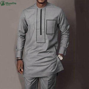 Costume pour <span class=keywords><strong>homme</strong></span> grande taille HO African, chemise à manches longues et pantalon gris, <span class=keywords><strong>ensemble</strong></span> de 2 pièces zippé, vêtements africains pour <span class=keywords><strong>homme</strong></span>, Dashiki - Product Image 2