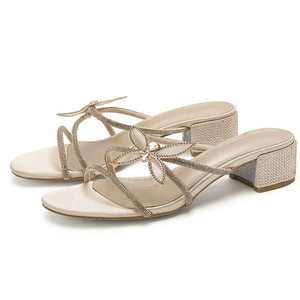 Elegant Rhinestone Flower Heeled Sandals Open Toe on Mules for Women Sexy <b>Block</b> Heel Sandals - Product Image 1