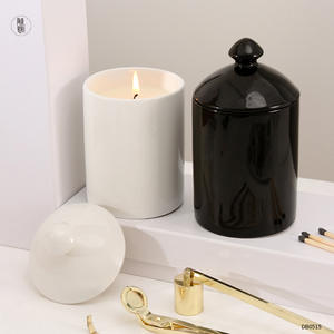 Pot à bougie en céramique avec couvercle, cylindrique, 14,6 oz, blanc, noir, vide, décoration d'intérieur DB0515 - Product Image 4