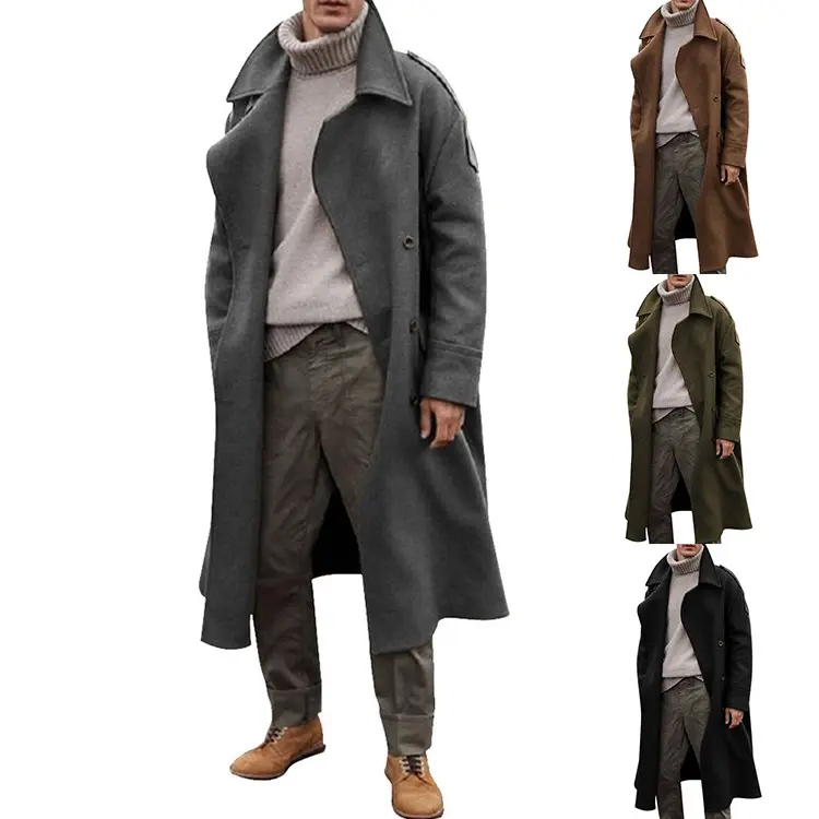 men's classic wool overcoat single breasted long wool blend top jackets trench coat men