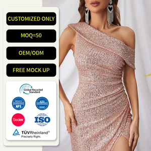 Abito Lungo Aderente Premium con Paillettes, Monospalla e Collo Pieghettato, per Eventi Formali e Serate Glamour - Product Image 1