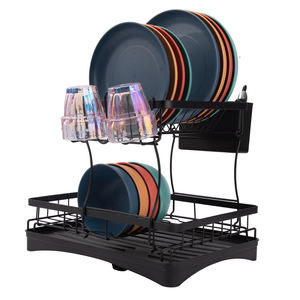 Escorredor de Louça de Metal Preto de 2 Níveis com Suporte para Copos e Talheres, Escorredor de Louça de Bancada para Pratos, Tigelas e Copos - Product Image 1