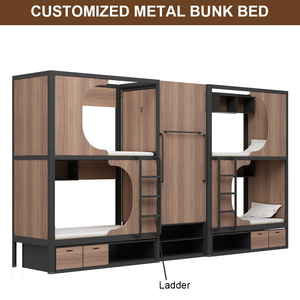 Ensemble de lits superposés personnalisés modernes durables en métal acier bois noir de taille double comprenant une échelle de rangement pour adultes et jeunes - Product Image 2