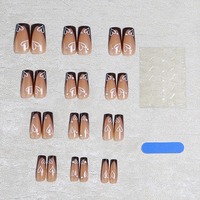 Uñas Postizas Largas Cuadradas Marrones con Corazón Francés y Diamantes de Imitación K011, Estilo INS, Superventas, ABS Premium, Listas para Envío, Venta al por Mayor, Fácil Aplicación