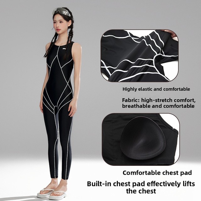Women's 2024 New Professional Racing One-Piece Swimsuit with Long Pants for Pool Use Conservative Design