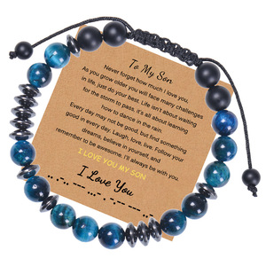 Pulsera de código <span class=keywords><strong>Morse</strong></span> hecha a mano, cuerda trenzada con <span class=keywords><strong>letras</strong></span> de 8mm, Ojo de Tigre azul Natural, pulsera magnética negra - Product Image 2