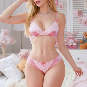 Conjunto de Lencería Sexy de Encaje y Satén <span class=keywords><strong>Rosa</strong></span> para Mujer, Conjunto de Dos Piezas Sensual con Bralette y Braguita de Talle Bajo para Dormir - Product Image 1