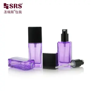Оптовая продажа, под заказ, пустой квадратный косметический пурпурный контейнер для жидкой основы объемом 35 мл, стеклянная бутылка с насосом