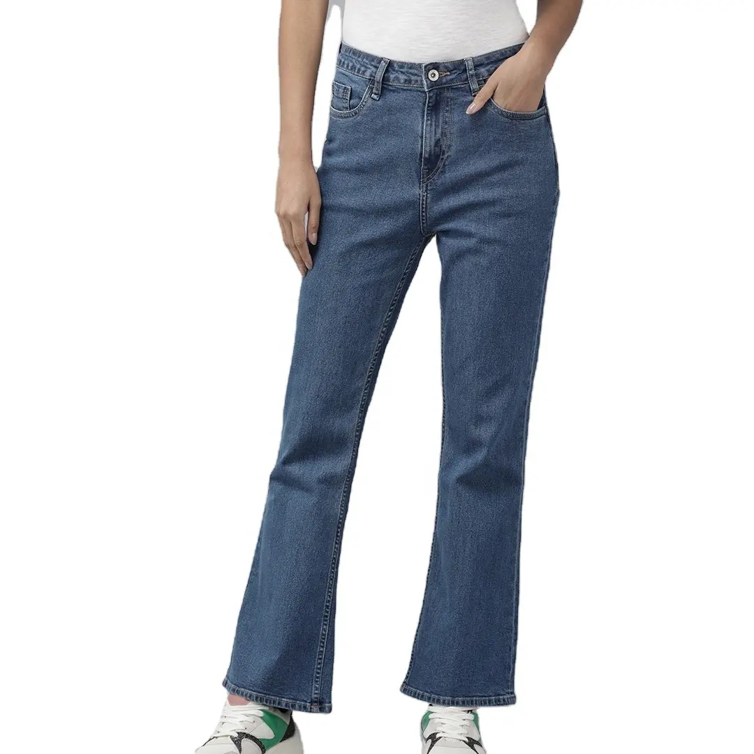 Top selling blue high waisted boot cut stretch jeans pant for women