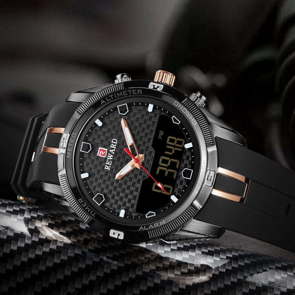 REWARD Men's Watches Silicone Double Movement Digital Electronic Watch Men Sports Waterproof LED Quartz Watch Relogio Masculino