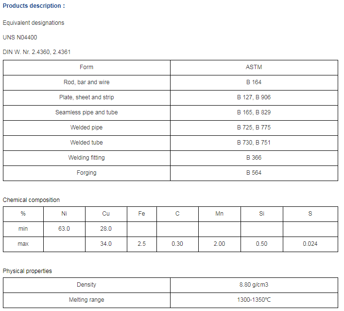 Stainless steel pipe ASTM B 165, B 829 N04400 Alloy Tube Alloy 400 Pipe In Nickel