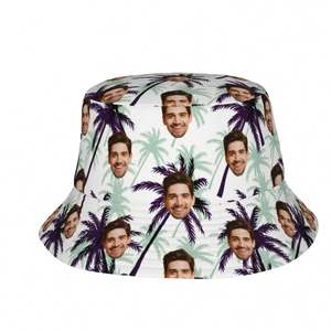 Sombrero de Pescador Personalizado con Foto para Mujer, Diseño de Rostro Personalizado, Fondo con Estampado de Árbol Tropical, Moderno para Verano, Playa, Viajes y Uso Diario - Product Image 1