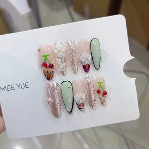 Uñas postizas de lujo hechas a mano con diseño de flores en 3D, uñas francesas reutilizables únicas, uñas acrílicas adhesivas. - Product Image 4