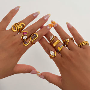 Новинка, розовые циркониевые кольца в стиле бохо, с волнистой линией, в день, милый набор колец, 2025 жаркое лето, 18k PVD Позолоченные ювелирные изделия из нержавеющей стали - Product Image 3