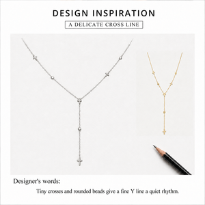 Cross Y Necklace Stainless Steel 14K <b>Gold</b> Vacuum Plated Bead Station Lariat 46cm Chain <b>Gold</b> and Silver Tone Options - Product Image 4