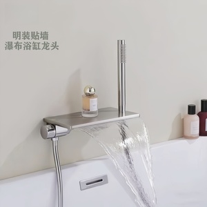 Exposed Wall <b>Mounted</b> Bathtub Faucet Waterfall Shower Head 1 Handle Ceramic Valve High Flow 7.0gpm - Product Image 1