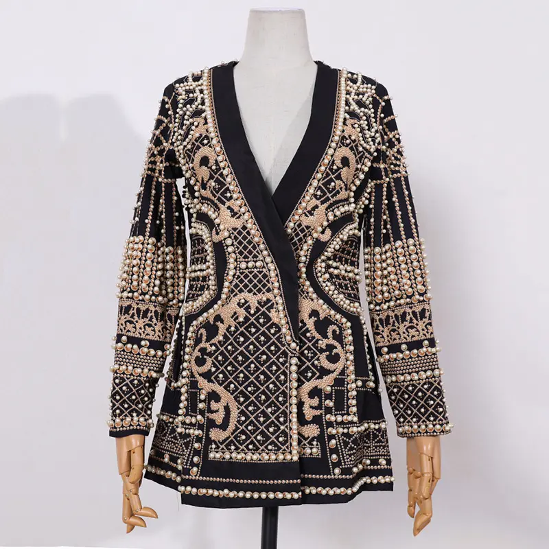 2022 autumn collection high quality pearl luxury beading women jackets blazers v neck elegant casual high street coats