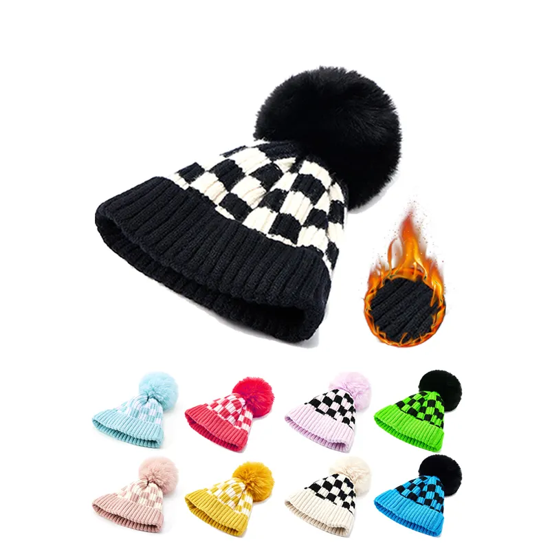 Gorro de punto personalizado de otoño e invierno para bebé, gorro cálido a prueba de viento a cuadros de doble color