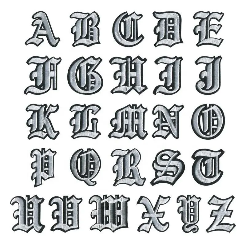 नई गोथिक 26 वर्णमाला सफेद काले लाल लोहे के कढ़ाई अक्षरों में कढ़ाई वाले पैच