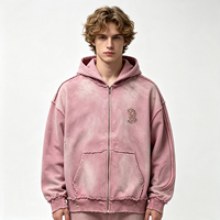 Sweat à capuche zippé rose vintage délavé, lourd, avec logo R vieilli, style streetwear, en molleton de coton délavé à l'acide et effet soleil, pour hommes, en gros