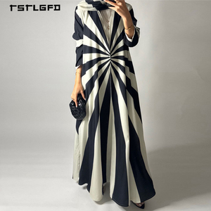 Women Black White Sunburst Stripe Open Abaya Lapel Collar Long Sleeve Modest Muslim Fashion Commuter Casual Maxi Kimono Dress - Product Image 1