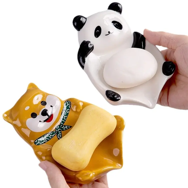 Lonstar Hot Sale Cute Panda and Shiba Dog Ceramic Soap Holder Drainable Soap Box Household Bathroom Vanity Shelf
