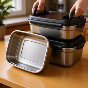 กล่องเก็บอาหารสแตนเลส 304 ทรงสี่เหลี่ยม ฝาปิดแบบหนีบ ปิดสนิท ใช้ในตู้เย็น มีหูหิ้ว พกพาสะดวก - Product Image 1