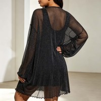 Tunique noire glamour à paillettes en maille transparente à manches longues et ourlet à volants pour soirée en club, taille personnalisée disponible