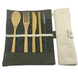 Ensemble de couverts en bambou écologiques, personnalisés, en gros, naturels, réutilisables, organiques, cuillère, fourchette, couteau, pour les voyages, le camping, dans un sac de transport - Product Image 5