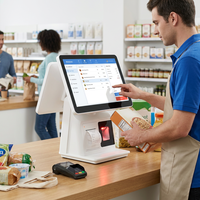Systèmes de point de vente tout-en-un avec double écran tactile 15,6''+15,6'', imprimante thermique intégrée et lecteur de codes-barres 2D pour restaurant