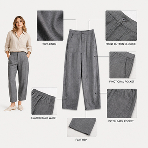Hanf-Leinen-Mischung Damen Minimalistische Garngefärbte Twill-Freizeithose Drapierte Hose mit Eigenem Logo Premium Weich Atmungsaktiv Bequem - Product Image 3