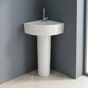 Lavabo sur pied carré en céramique blanc brillant de style européen, effet marbre, pour salle de bain de centre commercial ou villa, export Inde - Product Image 6