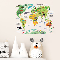 Pegatinas de pared con mapa del mundo de animales para habitación de niños, dormitorio, jardín de infantes, decoración de fondo de pared, calcomanías de pared removibles, arte