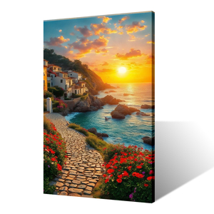 Paysage <span class=keywords><strong>marin</strong></span> méditerranéen moderne toile écologique B & C ART vibrant <span class=keywords><strong>paysages</strong></span> marins ensoleillés maisons côtières à flanc de falaise fleurs - Product Image 4