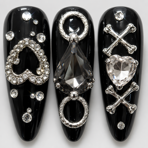 Faux ongles gothiques sombres en PMMA, longs, à pression, avec strass noirs, forme cercueil, couvrance totale, faits à la main, pour doigts - Product Image 3